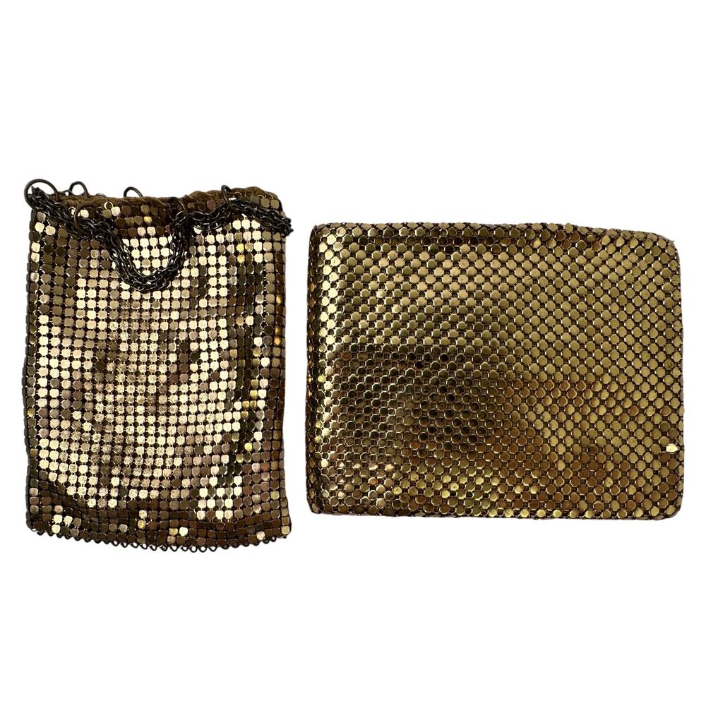 Vintage Whiting & Davis Gold Metal Mesh Pouch and Bi-Fold Wallet Set